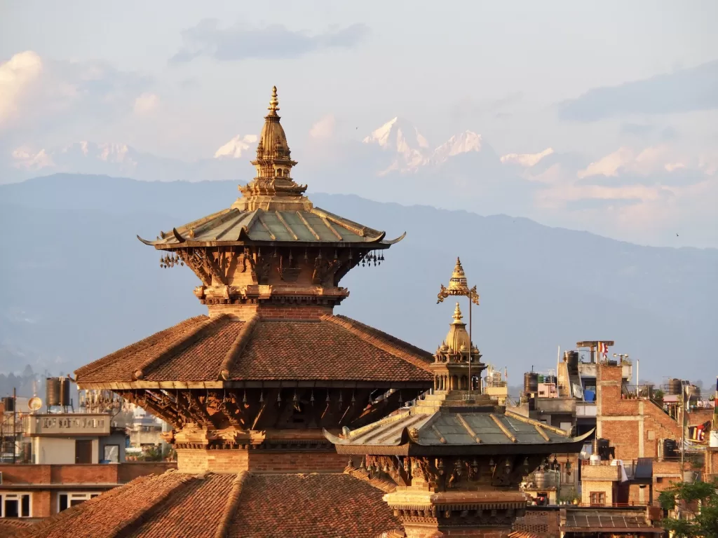 View of the Himalayas from Patan Durbar Sqaure, Nepal.