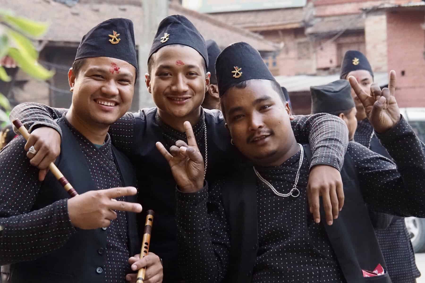 Musicians about to play in a procession in Bhaktapur Nepal.