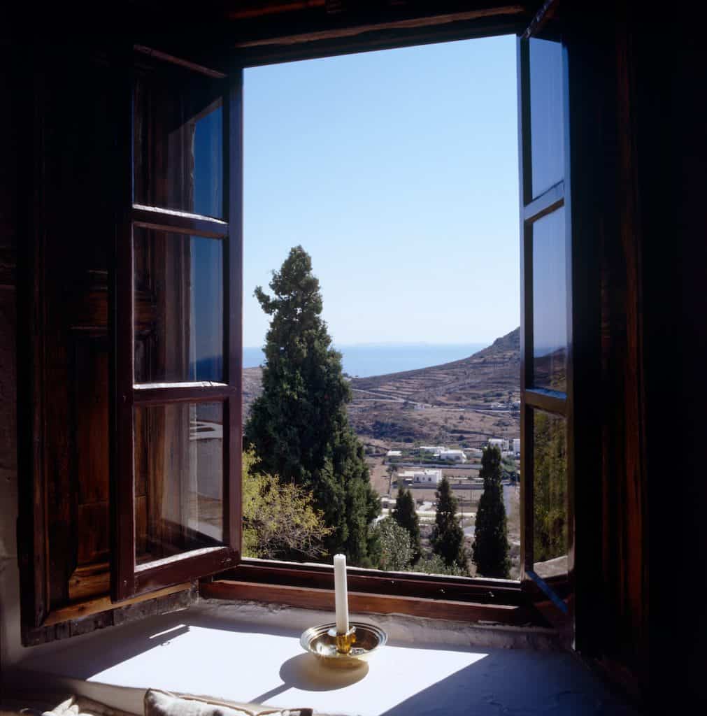 View of the Greek island of Patmos from an open window of John Stefanidis' home.