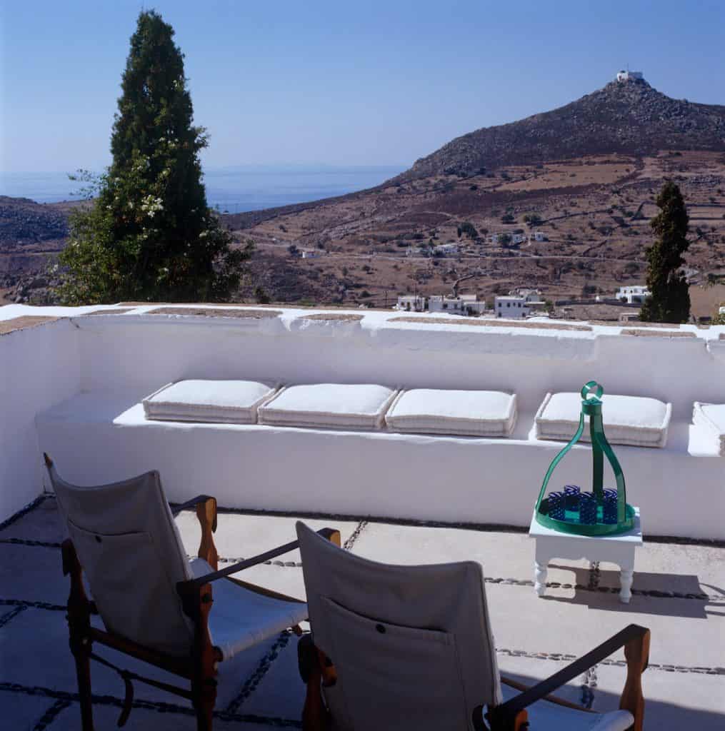 The roof terrace of John Stefanidis' home has far reaching views over the Patmos countryside to the sea.