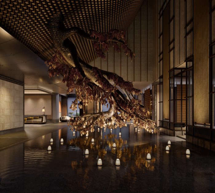 A tree sculpture in the lobby of Aman Nai Lert Bangkok.