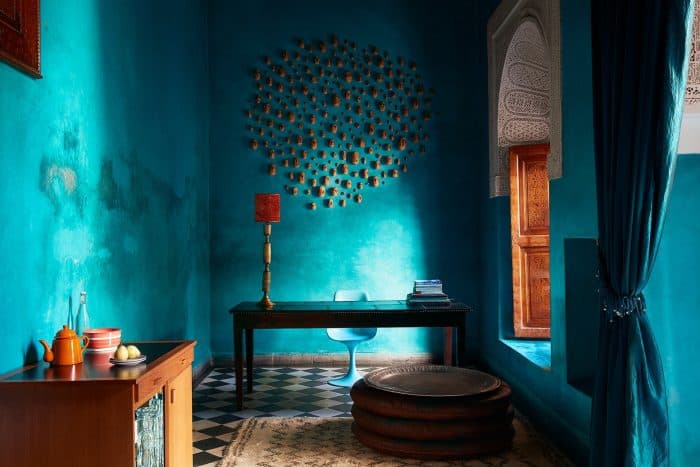 El Fenn 41 guest rooms with quirky art, eclectic furniture and rich colours at El Fenn boutique hotel, Marrakech Morocco.