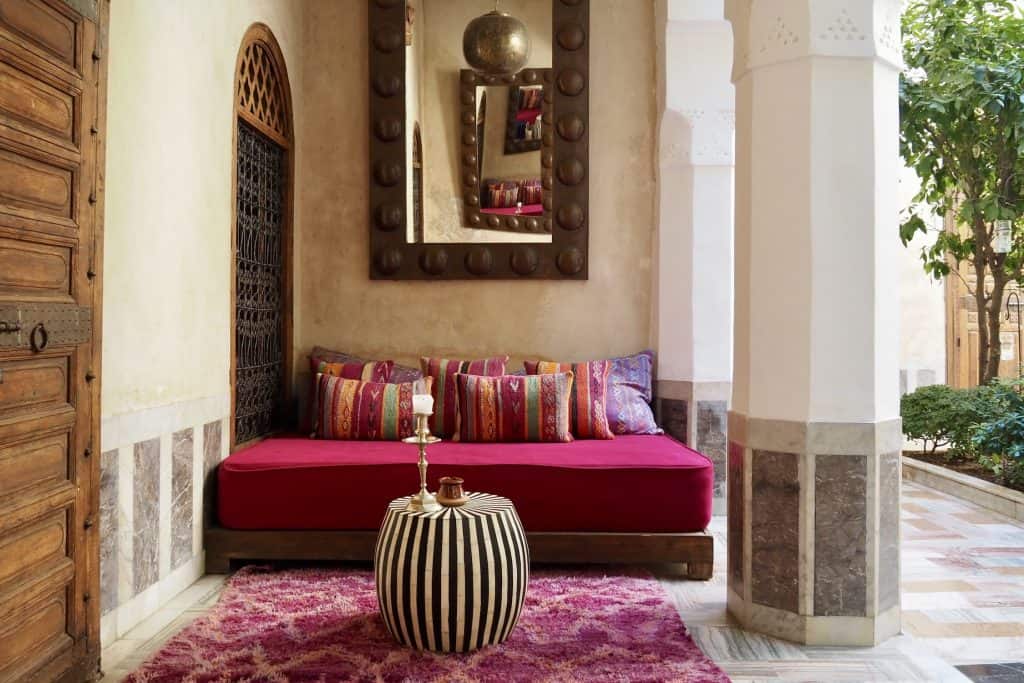 A colourful corner of the courtyard, El Fenn boutique hotel Marrakech.