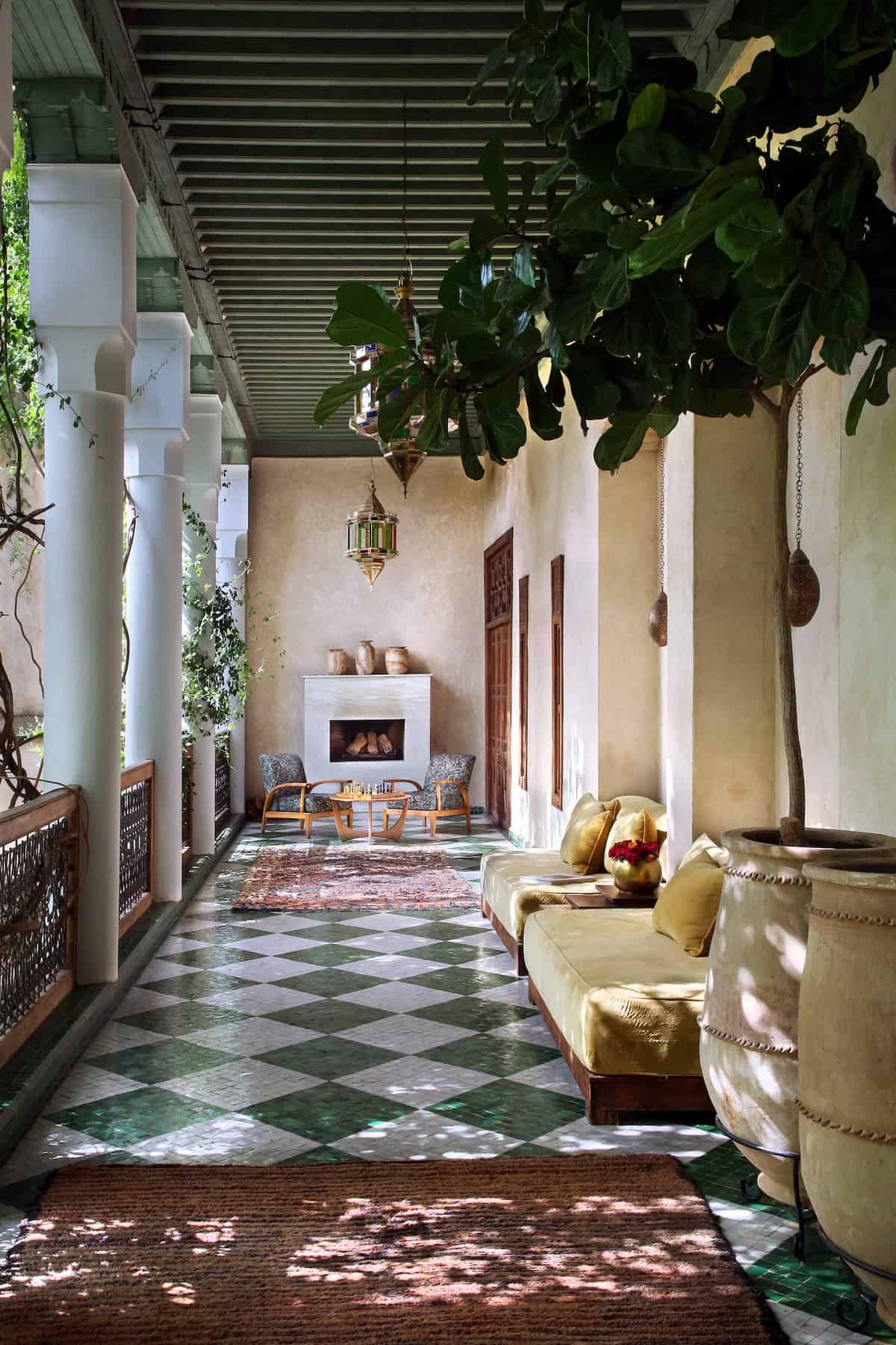 A gorgeous patio at El Fenn, Marrakech, with the green-and-white tiled floor Morocco is famous for.