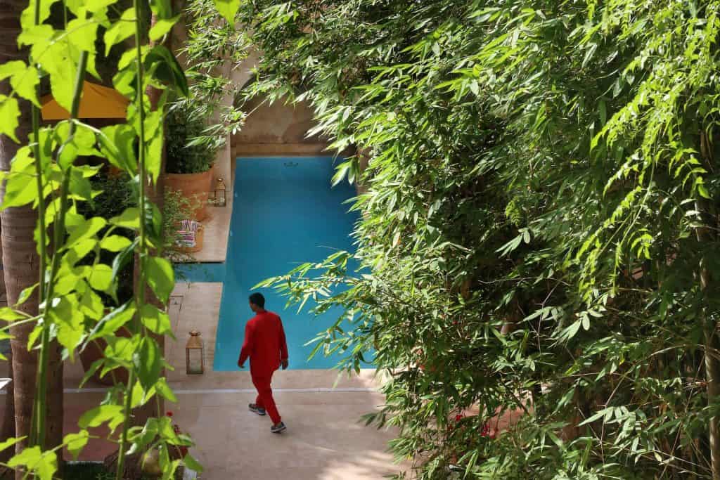 One of three swimming pools at boutique hotel El Fenn in Marrakech, Morocco.