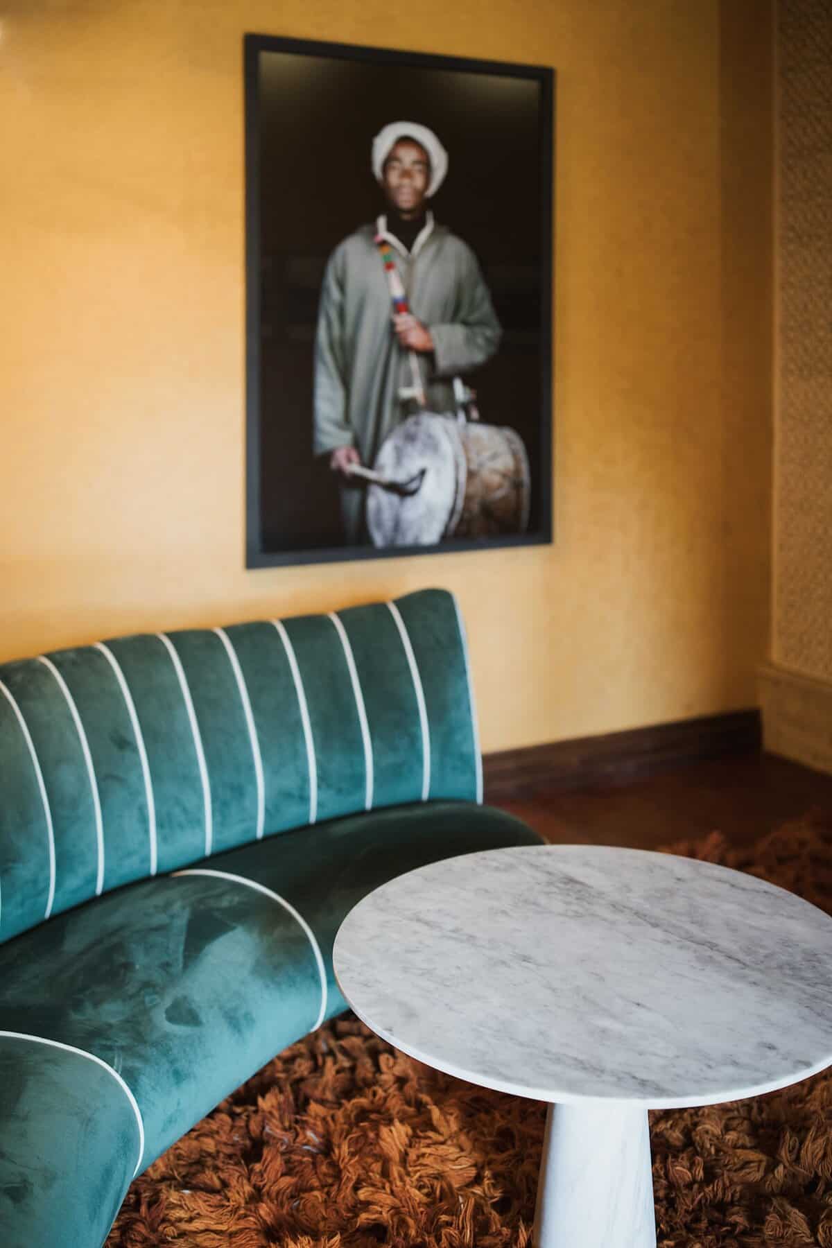 A work from artist Leila Alaoui's photographic series, Les Marocains, at El Fenn boutique hotel in Marrakech.