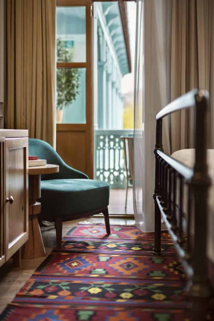 The Blue Fox Hotel Guest rooms feature Caucasian kilims at The Blue Fox Hotel in Tbilisi, Georgia.