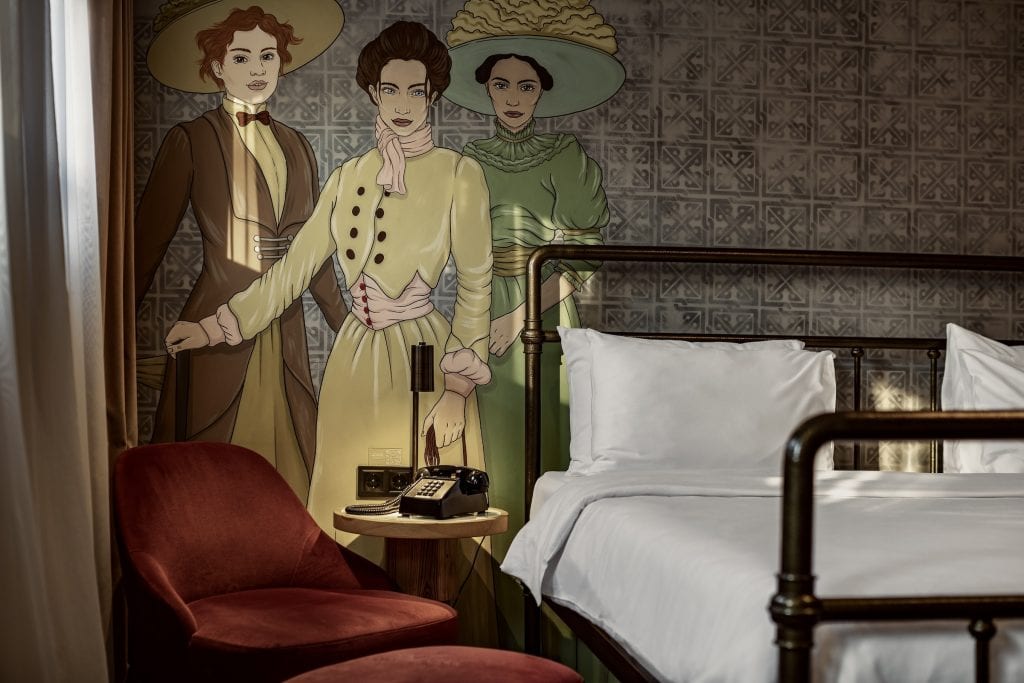 The Blue Fox Hotel Guest rooms at The Blue Fox Hotel feature handpainted murals by Tbilisi artist, Musya Qeburia.