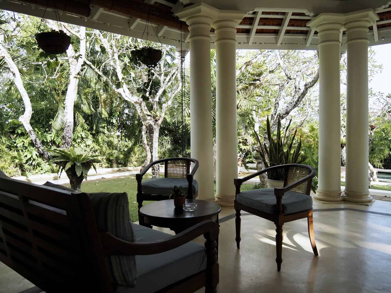 Veranda overlooking the tropical garden at The Sun House boutique hotel, Galle.