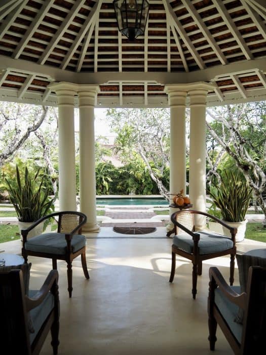 View of the swimming pool from the veranda at The Sun House boutique hotel, Galle Sri Lanka.