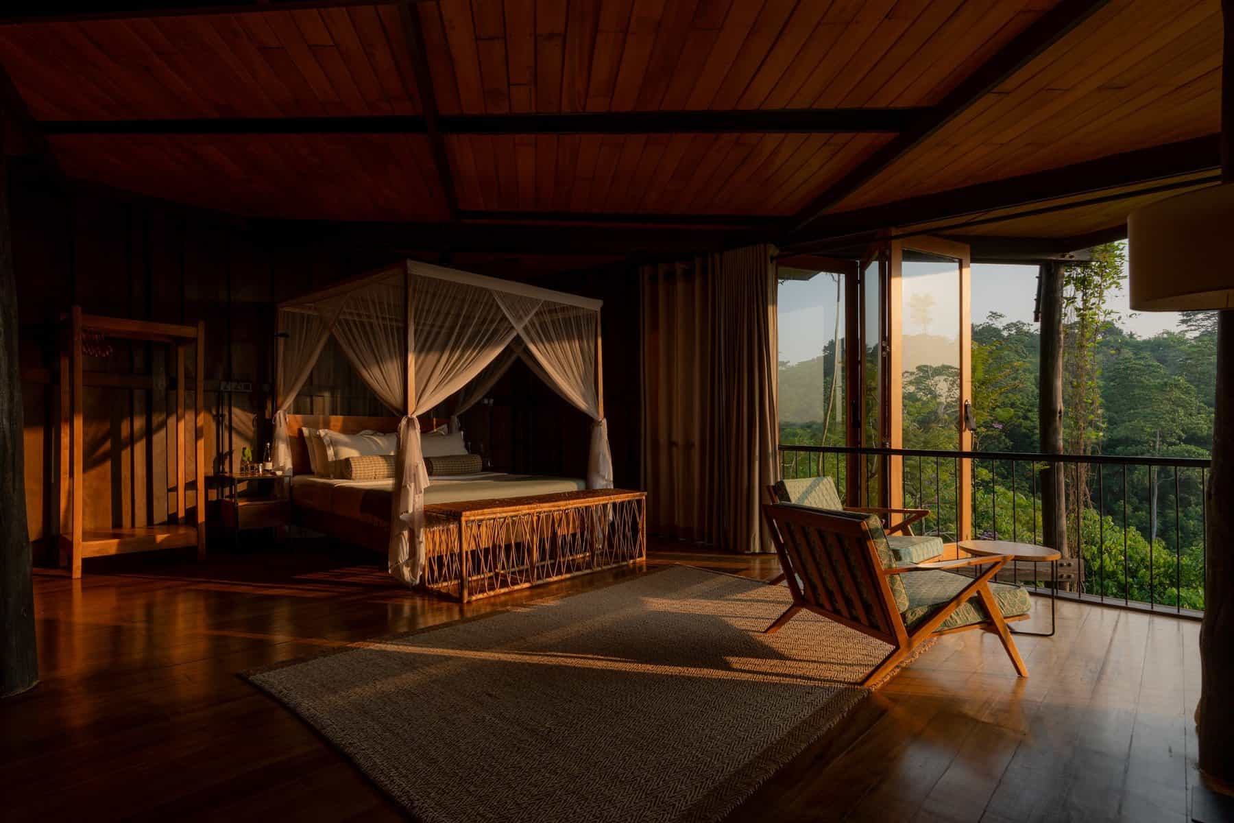 Guest room with four-poster bed, Trebartha East:The Roundhouse, Sri Lanka.