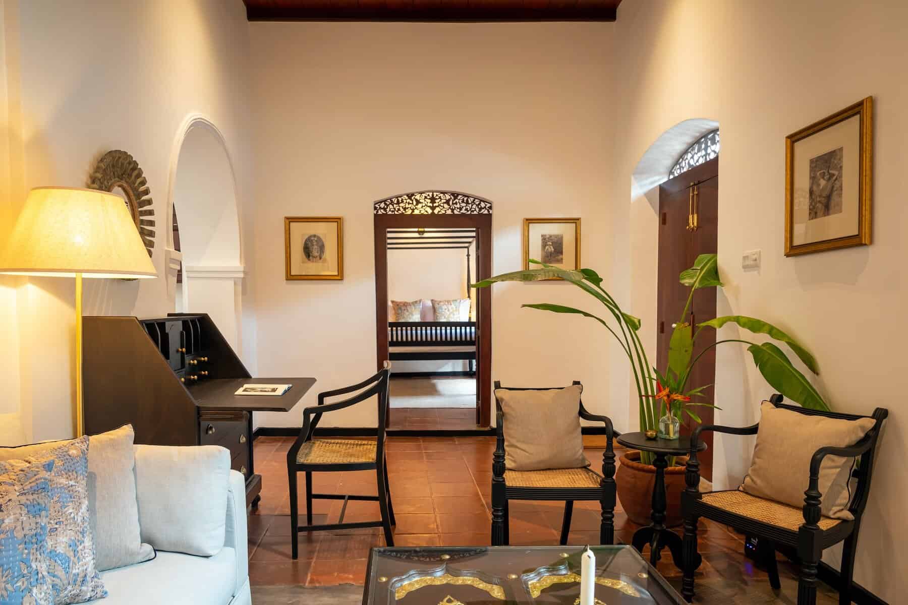 View of bedroom from living room, Writer's Lodge by Ishq, Galle, Sri Lanka.