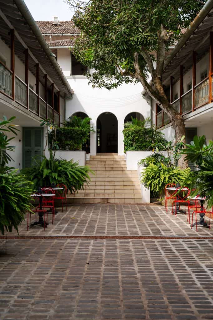 The Moorish-inspired courtyard of Fort Bazaar boutique hotel, Galle Fort, Sri Lanka.