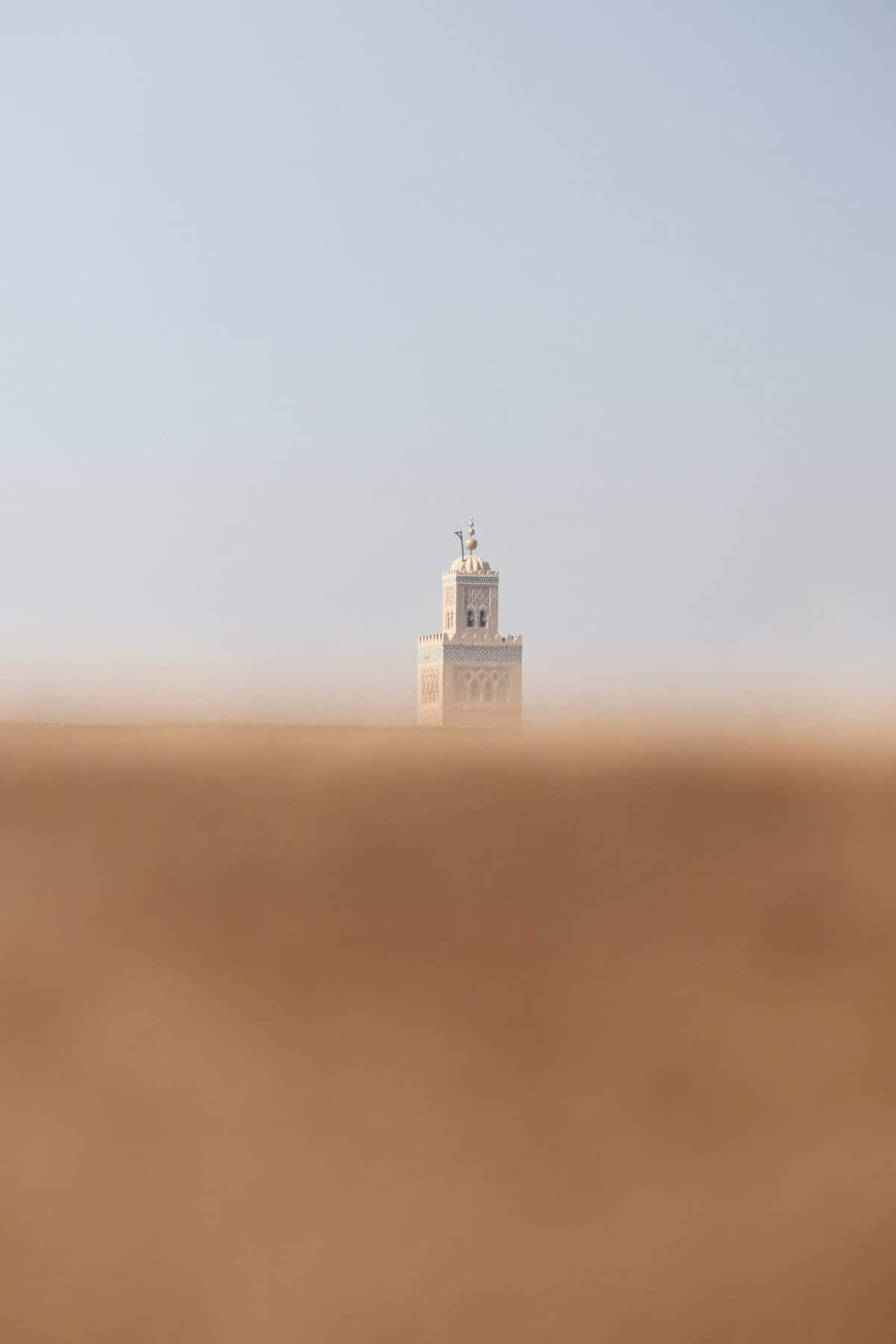 Riad UP. View of minaret of Koutoubia Mosque from the roof terrace of Riad UP, Marrakech.