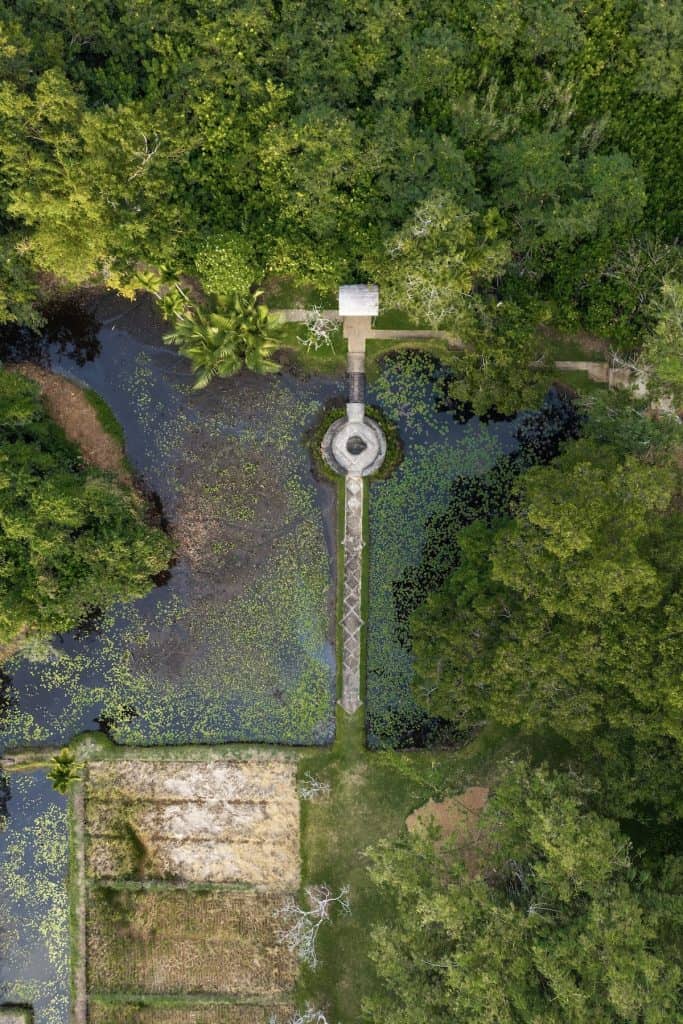 Lunuganga. Aerial shot of the Black Pavilion and lily pond at Lunuganga, Geoffrey Bawa's country estate, Bentota.
