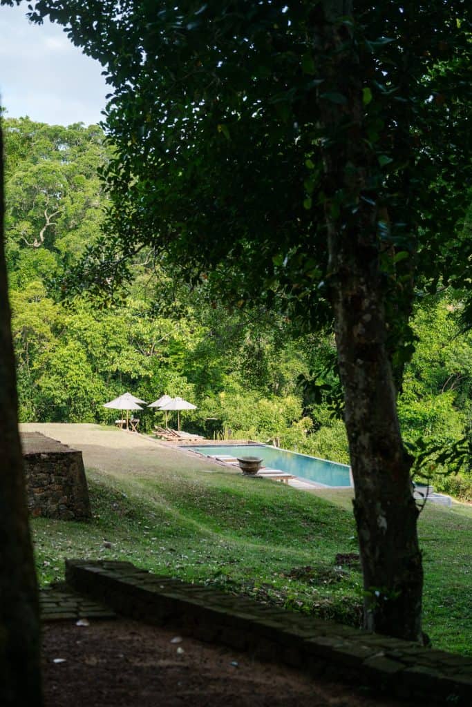 Lunuganga. The swimming pool set into a hill and surrounded by rainforest at eoffrey Bawa's estate, Lunuganga.