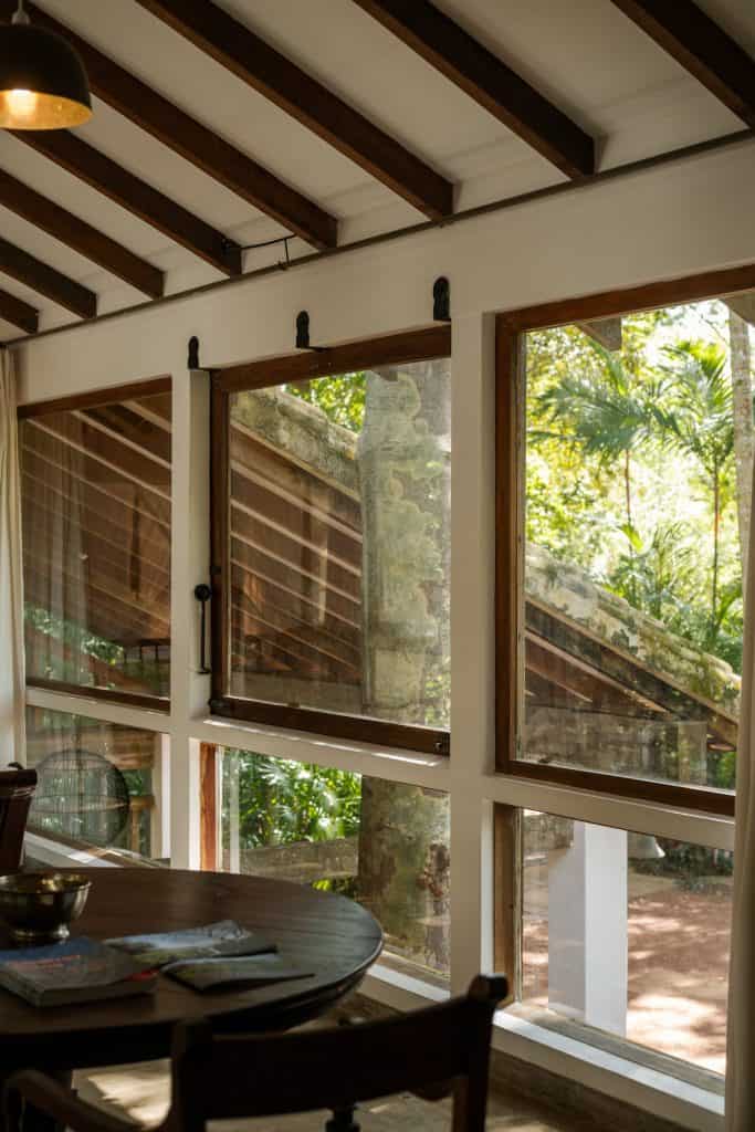 Lunuganga. The Glass House guest bedroom looking down to the port corchère at Lunuganga, Bawa's country house.