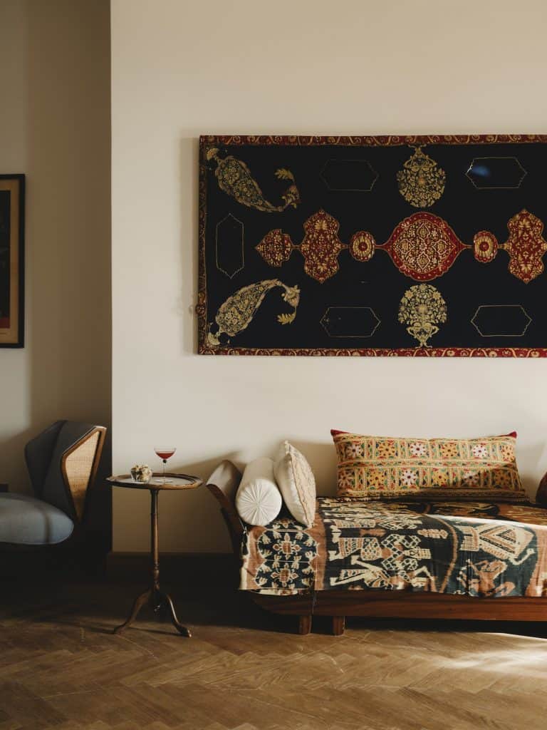 Midcentury furniture and Islamic textiles in Embassy Apartment, Immobilia Cairo.