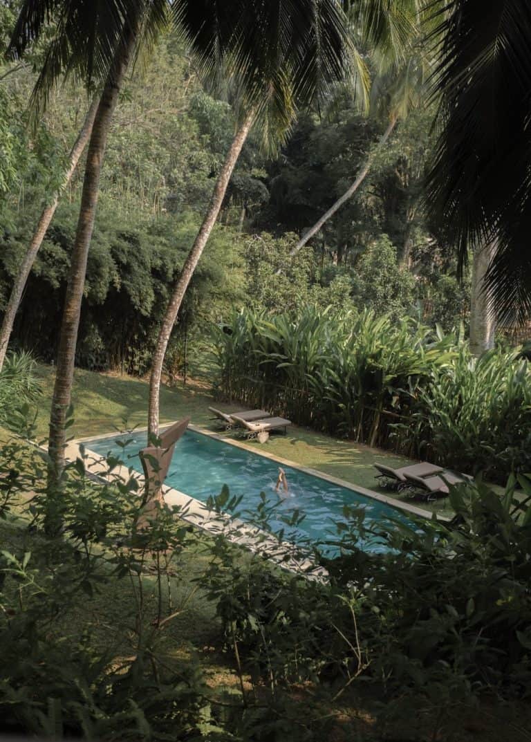 A swimming pool surrounded by sunloungers and tall, slender palm trees at lakeside retreat, Kurulu Bay.